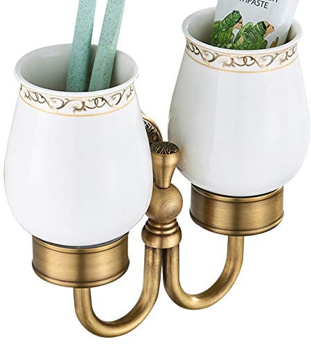 WOMAO Portaspazzolino Doppio con 2 Tazze, Bicchiere a spazzolino da Denti retrò, Costruzione in Ceramica e Ottone Massiccio con Intagli Anticato a Parete per Bagno