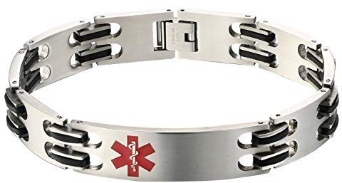 Flongo Pulsera de Identificación Médica Cruz, Placa Personalizada de Acero Inoxidable Silicona Brazalete Alerta Médica para Alergias, Hombre Pulsera Plateada Negra
