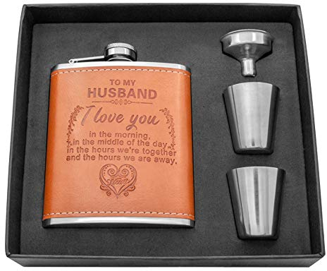Personalisiertes Flachmann-Set, Vatergeschenk, Edelstahl mit Lederflasche, Geschenke für Männer, Weihnachten, Geburtstag, Mann, Hüftgeschenk-Set (braun - für Papa)
