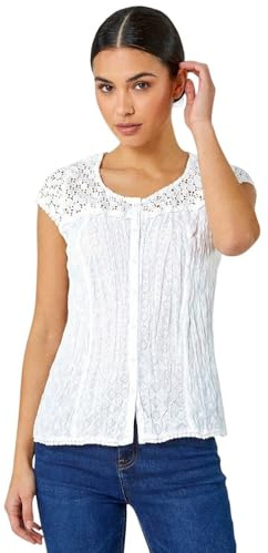 Roman Lace Crinkle Top for Women UK Ladies Broderie Anglaise Vest Blouse 100% Cotton Embroidered Shirt Cami Camisole Tunic Casual Work Flattering Summer Holiday Boho
