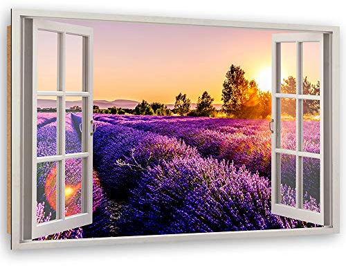 Feeby - Wandbilder Wohnzimmer 120x80 cm, Deko Paneel Bilder, Bilder für Schlafzimmer, Echter Gemalter Effekt, Moderne Wanddeko, Gemälde - Fensterblick Lavendelfeld - Violett