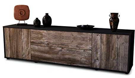 Stil.Zeit TV Schrank Lowboard Tina, Korpus anthrazit matt, Front Holz-Design Treibholz (180x49x35cm), mit Push-to-Open Technik & Leichtlaufschienen