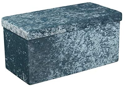 HomeHarmony® Crushed Velvet Quilted Top Folding Storage Ottoman Seat, Stool, Toy Storage Box (Large Teal)