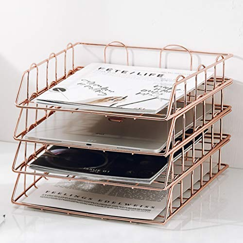 Jolitac Roségoldenes 4-stöckiges stapelbares Papiertablett Schreibtisch-Organizer, Arbeitsplatz, Zubehörhalter, Metall-Briefablagen für Aktendokumente zu Hause und im Büro (Roségold)