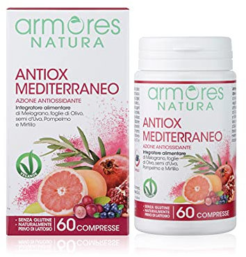 Armores Natura Integratori Alimentari, Antiox Mediterraneo, Integratore Antiossidante, a Base di Melograno, Foglie di Olivo, Semi d'Uva, Pompelmo e Mirtillo, Vegano, 60 Compresse