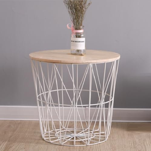 HOMION Round Wire Metal Storage Basket - Modern Side Table for Bedroom, Balcony, Corner, Tea, Bedside, Sofa, Hallway, Living Room (White + Natural Lid, Medium)