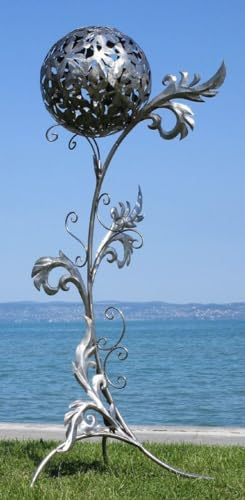 Casa Padrino Barock Edelstahl Garten Skulptur Säule mit Kugel Silber 85 x 82 x H. 200 cm - Handgefertigte Wetterbeständige Garten Dekoration
