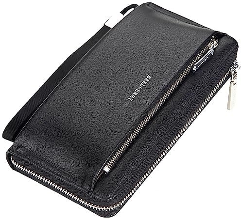 Portefeuille Homme Long Portefeuille Pochette Grande Capacité Cuir Portefeuille Porte-Monnaie Porte-Cartes Pochette pour Homme avec Dragonne Noir