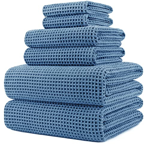 Polyte - Juego de Toallas de baño de Microfibra antipelusa - Secado rápido - Punto gofrado - Azul - Grande: 152 x 76,2 cm - Pack de 6