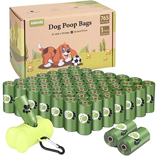 AOKEASE Bolsas para perros – 51 rollos (765 bolsas) con dispensador, higiénicos, núcleo de papel, engrosamiento, Dog Poop Bag