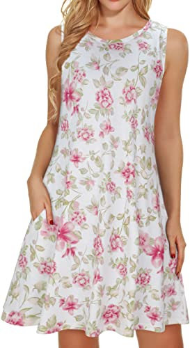 Robes t-shirt d'été décontractées pour femmes, robe d'été à motif floral, sans manches, poches, robe débardeur ample (fleur blanche et rose, taille 2XL), Fleur blanche et rose, XX-Large