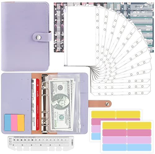 Mlife Ringbuch,Budget Planner - 26pcs Leder Notizbuch Ordner mit Klar Plastik Binderumschlägen,Budgetblätter,Etikettenaufklebern,Geld Aufbewahrung Sparbuch für Reisen und Tagebuch (Violett)