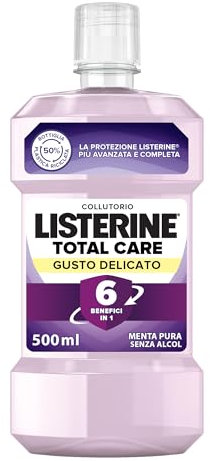 LISTERINE Collutorio Total Care, Collutorio senza alcool al Gusto Delicato di Menta, Collutorio con 6 benefici in 1 per una pulizia accurata e un'igiene orale completa, 500 ml