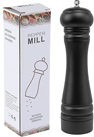 Adjustable Coarseness Refillable Wooden Salt and Pepper Grinder Set,Rubber Wood Pepper Mill Kits,Chili Pepper Shakers with Ceramic Core Rotor,8 inch Matt Black