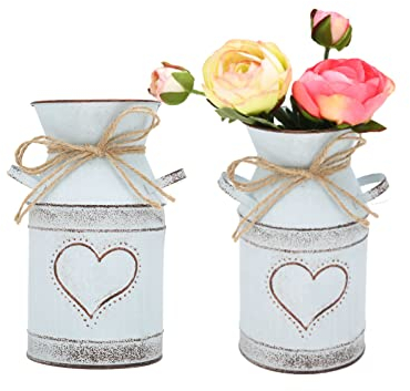 Beufee 2pcs Vintage Vase en métal, Vase décoration Maison Pays Vase métal galvanisé Lait Pot Vase Pot de Lait Pays Vase Maison et Mariage Vase de Ferme Arrangement Floral