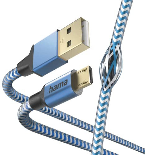 Hama Câble Micro-USB Reflective (Câble de charge et transfert de données USB-A 2.0 mâle vers Micro-USB, Fiche Aluminium, Cordon Réflechissant Anti-torsion, Gaine en nylon tressé, 1.5 m) Bleu