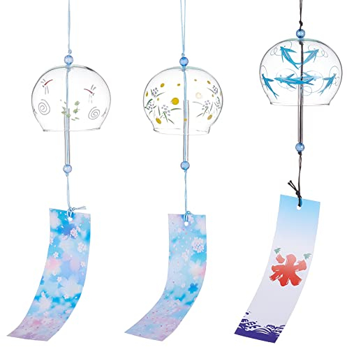 BENECREAT 3 Stücke 3 Stil Tiermuster Japanische Windspiele, Hellhimmelblaue Windglocken Aus Glas, Handgefertigte Anhänger Für Geburtstagsgeschenke Und Heimdekorationen