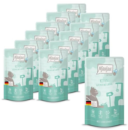MjAMjAM - Premium Nassfutter für Katzen - Quetschie - Kitten gute Pute mit Lachsöl, 12er Pack (12x125g), getreidefrei