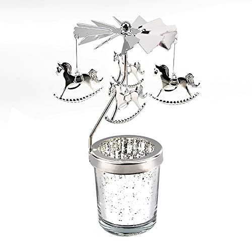Windlicht Teelichtkarussel aus Glas Teelichthalter,Silber Karussell Teelichter Kerzenhalter,Motiv Hölzernes Pferd Windlichter Teelicht Kerzen Halter Geschenk Dekoration für Hochzeit,Weihnachten