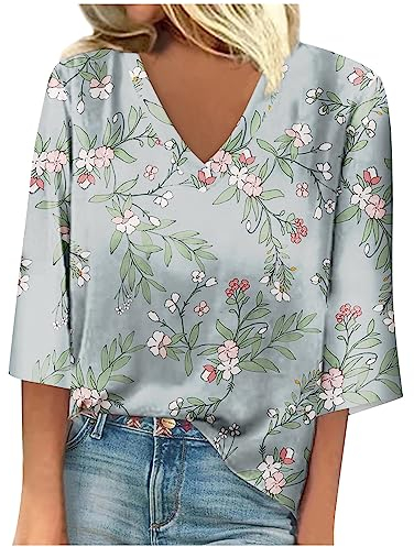 Damen Sommer T-Shirt Damen V-Ausschnitte T-Shirt Tops Oberteile Frauen Schwarz Grau Kleidung Basic Sommer Elegant Ärmellose Sportshirt Bluse 3/4 Ärmel Shirts Top Tee Laufshirt