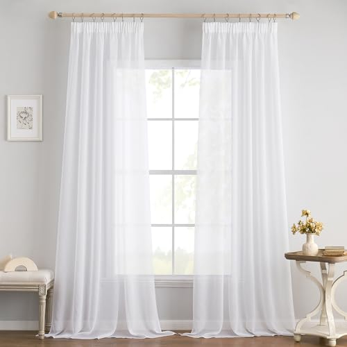 EMEMA 2er Set Sheer Voile Vorhang mit Kräuselband Transparente Gardine aus Voile Polyester Transparent Wohnzimmer Luftig Dekoschal für Schlafzimmer 140 X 280 cm (B x H) Weiß