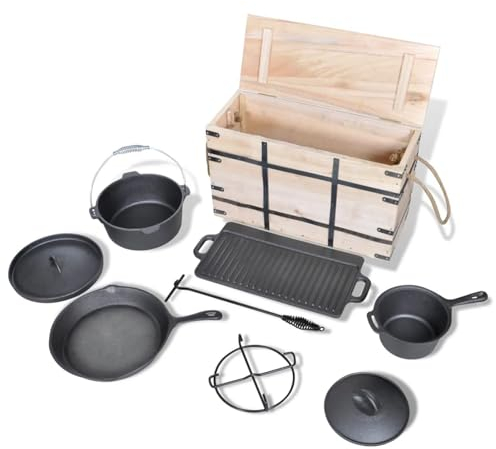 BaraSh Dutch Oven Cooking Set Cast Iron Camping Cooking Set Kitchen Cookware Bakeware Set w/Carrying Bag for Outdoor Frying BBQ Baking on Open Fire,Dutch Oven Set 9pcs