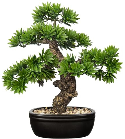 016 Künstlicher Bonsai-Baum, Zen-Wacholder, Bonsai-Pflanze, 25,4 cm hoch, künstliche Bonsai-Bäume mit schwarzem Keramiktopf, dekoriert mit Kieselsteinen, Schreibtischpflanze, Indoor-Bonsai, für