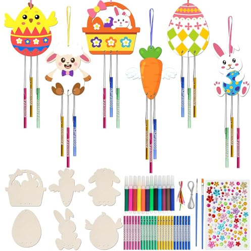 Huahuanghui 61 Stück Ostern Windspiel Bastelset, Ostern Basteln Holz mit Pinsel, Basteln Frühling Kinder, Osterbasteln zum Bemalen, Klangspiele Osterdeko zum Sufhängen, Ostern Geschenk für Kinder