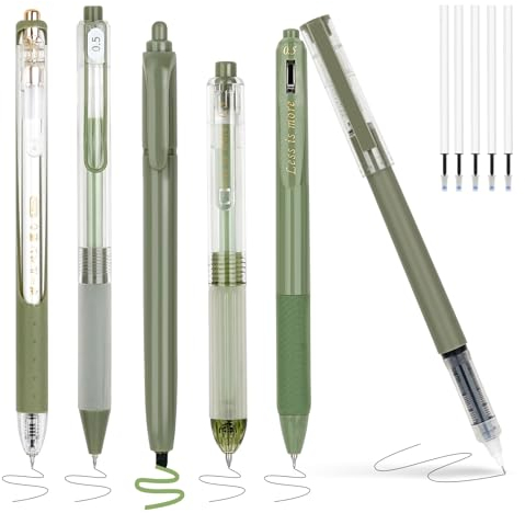Behiruch 0.5mm Gelstifte, 6 Stück Aesthetic Gelschreiber, Schnell Trocknende Gel Pen mit 5 Nachfüllminen, Schwarz Einziehbare Kugelschreiber Stifte Farbiger Textmarker (Grün)