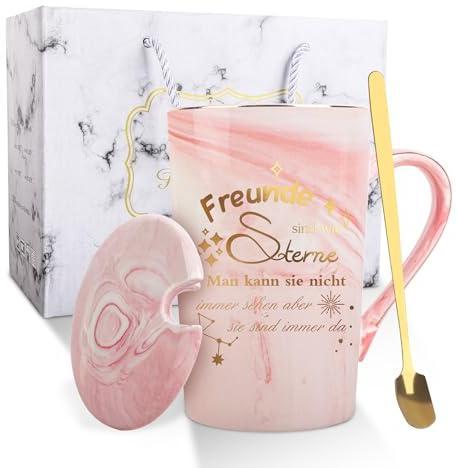 Belillpipi Geschenke für Freund, Geschenke Geburtstag für Frauen, Freund Tasse mit Löffel, Deckel, Geschenkbox, Geschenke für Beste Freund, Freundschaft Geschenke zum Weihnachten, Geburtstag,Rosa