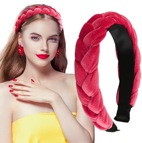 BETESSIN Samt Haarreif Dirndl Geflochten Stirnband Breit Haarband Vintage Gepolsterte Haarreifen Rockabilly Trachten Haarschmuck Kopfband für Damen und Mädchen Rot