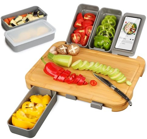 WELTRXE Bambus-Schneidebrett mit Behältern, XXL großes Holz-Schneidebrett 7er-Set (ein 42 x 31 x 3,7 cm Brett + 5 Kunststoffbehälter mit Deckel + 1 Smartphone-Halterung)
