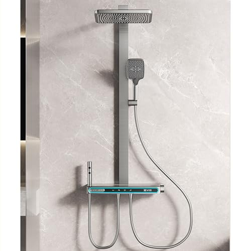 MocArt Regendusche Duscharmatur mit Thermostat, wassersparendes Duschsystem mit 5 Funktion, ABS Kopfbrause 30x20CM, Duschkopf mit 3 Strahlarten, Rückenmassagespray (Metallic Grau)