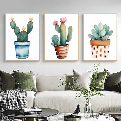 Viusneun 3er Set Poster, Babyzimmer Bilder Kakteen Aquarell Leinwandbilder Aesthetic Kugelkaktus Wandposter Pflanzen Wandbilder Ohne Rahmen Kunstposter Deko für Kinderzimmer Babyzimmer (30 x 40 cm)