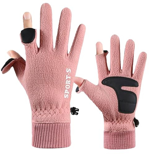 Fnaobai Fleece-Handschuhe für Damen und Herren, Winter, warm, Touchscreen, kaltes Wetter, verstellbares Handgelenk, Thermo-Fäustlinge zum Laufen, Skifahren, Rosa, 2 Finger, Women