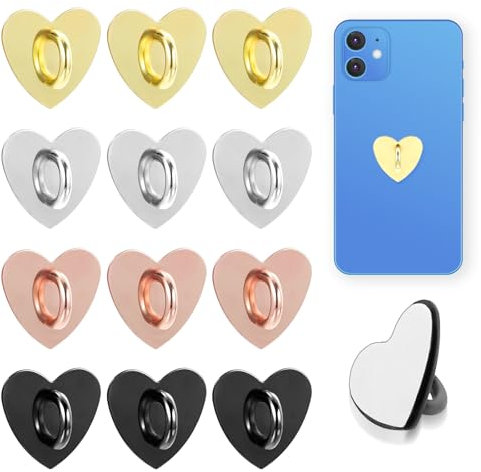 Ymapinc 12 Pcs Heart Ring Phone Charm Hook, Cute Self Adhesive Finger Loop for Phone Case DIY Accessories Cell Phone Charms Gripper (Metal Acrylic)