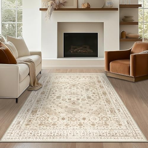 Capslpad Beige Vintage Teppich Wohnzimmer 120x180cm Retro rutschfest Kurzflor Kunstwolle Teppich Waschbar Weich Schlafzimmer Teppiche für Wohnzimmer Schlafzimmer Büro Bereich Esszimmer