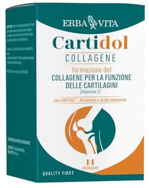 ERBA VITA Cartidol Collagene integratore alimentare in formato stick pack 14 bustine, a base di Fortigel®, Bromelina e Acido ialuronico
