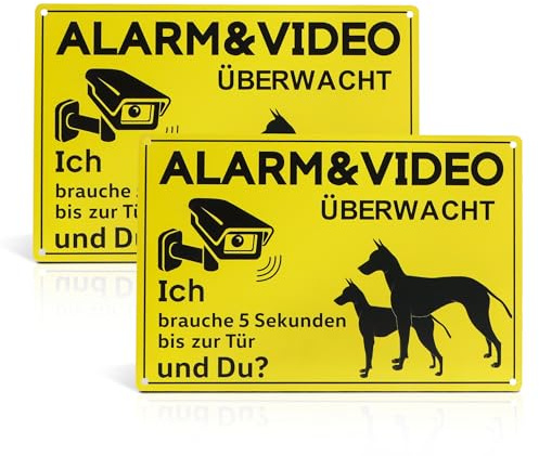 2 Stück Schild Videoüberwachung, Achtung Hund Schild Achtung, 30 * 20cm Aluminium Hinweisschild Videoüberwachung Privatgrundstück, Außen Warnschild Videoüberwachung Aufkleber(Gelb)
