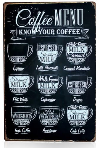 QYEHF Carteles de hojalata de café, Menú de Café Carteles de Chapa de Metal Tipos Vintage de Cartel de Café Arte Decoración,para Cafetería Póster,Pub,Home,Decoración del Club,20x30CM