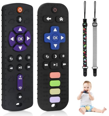 Beißring Baby,2 Pack Silikon Fernbedienung Beissring,BPA-frei Zahnungshilfe Baby mit Drückbare Schaltflächen,Schnullerkette,Lebensmittelqualität Silikon Badespielzeug für 0-12+ Monate (Zwei Schwarze)