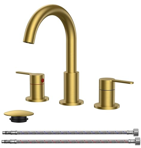 QFN Grifo de baño dorado cepillado de 3 agujeros, grifo de lavabo de baño de 8 pulgadas con boquilla giratoria de arco alto de 360°, drenaje desplegable y líneas de suministro cUPC incluidas