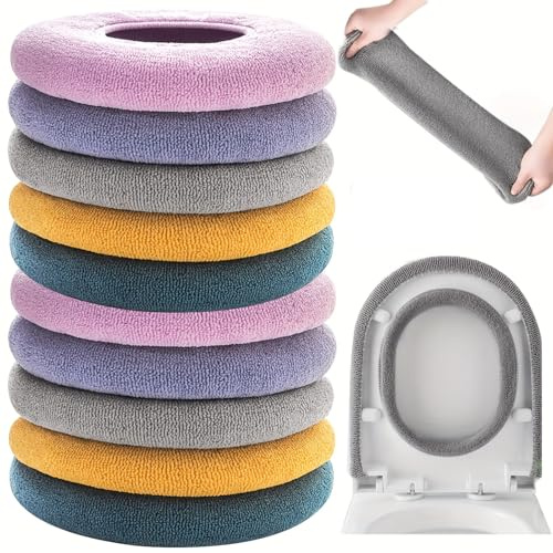 Guojanfon 10 Pcs Bathroom Soft Thicker Warmer Stretchable Washable Cloth Toilet Seat Cover Pads (5 Colors, 2 of Each)
