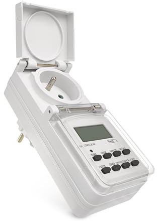 EMOS - Minuterie numérique d'extérieur - Prise IP44 française - Timer d'extérieur avec Capuchon de Protection, 10 programmes, Protection Tactile renforcée, Batterie de Secours - Blanc