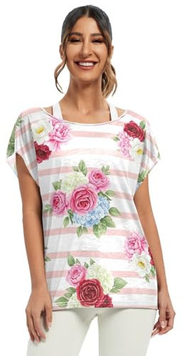 Bouquets T-shirt d'été rose épaules dénudées haut décontracté chauve-souris hauts pour femmes S-XXL, Bouquets Rose, XX-Large