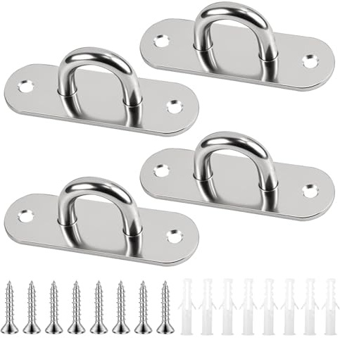 4Pcs Pad Eye Plate Hooks, Stainless Steel Pad Eyes Plate U Brackets, Heavy Duty Wall Mount Ceiling Hook, Marine Hardware Hook-s with Screws, Metal Oblong Eye Plate Pads for Rope Loop Hanging Hoo-ks