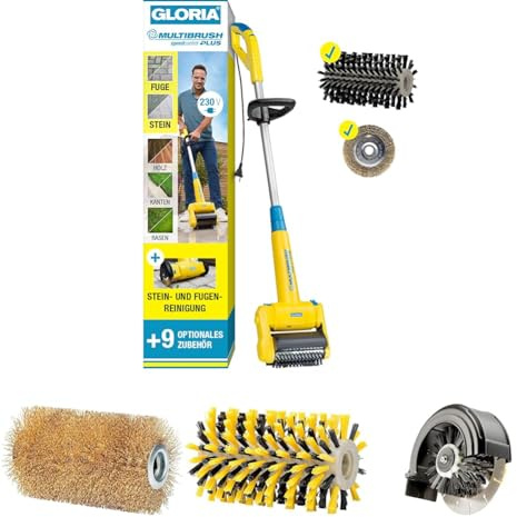 GLORIA MultiBrush speedcontrol Set für Rasenkanten, Stein-, Holz- & Fugenreinigung | Elektrische Reinigungsbürste für Terrasse, Einfahrt & Gartenpflege | Komplett-Set für Außenflächen