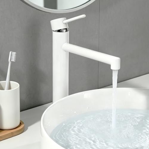 ONECE Rubinetto Bagno Alto Bianco, Miscelatore per Lavabo da Appoggio | Aeratore Rimovibile, Monocomando Acciaio Inox 304, Acqua Calda e Fredda