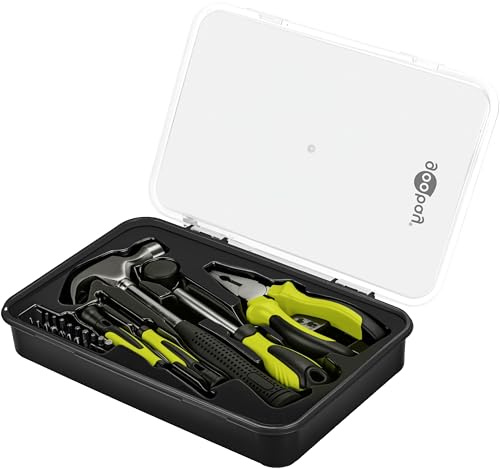 goobay Handwerkzeug-Set 26-teilig mobiles Werkzeugset für Heimwerkerarbeiten und unterwegs - 2 Schraubendreher, Bitsatz, Schraubenzieher mit Bithalter, Kombizange 6“ und Latthammer im Werkzeugkoffer