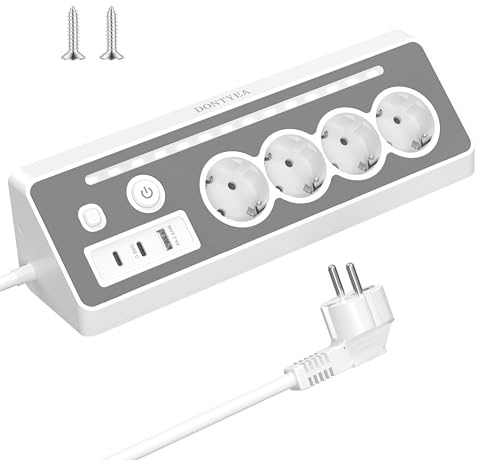 Multiprise de table 4 prises avec USB-A et 2 ports de type C (3680 W 16 A), avec 2 interrupteurs indépendants, veilleuse LED multiple et protection contre les surtensions, pour cuisine, bureau, 2 m
